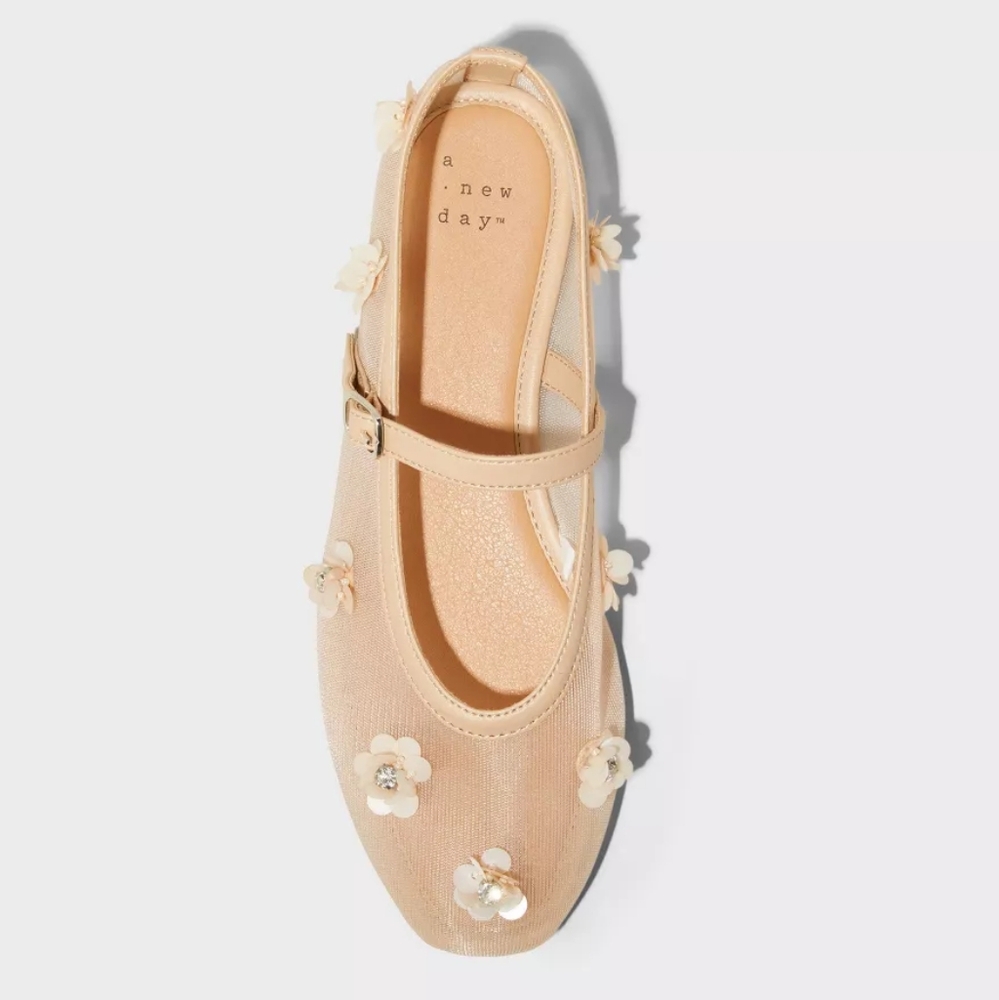Beige Everly Floral Mesh Mary Jane Ballet Flats | Memory Foam Insole | A New Day